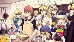 1254843053 1boy 6+girls animal_ears apple apron artoria_caster_(fate) artoria_caster_(second_ascension)_(fate) saber_alter_(swimsuit_rider) artoria_pendragon_(fate) artoria_pendragon_(lancer)_(fate) artoria_pendragon_(lancer_alter)_(fate) artoria_pendragon_(swimsuit_ruler)_(fate) artoria_pendragon_(swimsuit_ruler)_(first_ascension)_(fate) beret black_bow black_gloves black_headwear black_jacket blender_(object) blonde_hair blue_dress blue_headwear blush bow breasts cake chicken_(food) chicken_leg closed_eyes closed_mouth cooking crown dress eating emiya_shirou fate/grand_order fate/stay_night fate/zero fate_(series) food fruit fur fur_trim gloves green_eyes hair_between_eyes hair_bow hat highres holding house jacket kitchen large_breasts long_dress long_hair multicolored_bow multiple_girls necktie open_mouth orange_eyes orange_hair rabbit_ears red_bow red_eyes saber_(fate) saber_alter santa_alter short_hair sitting small_breasts smile swimsuit table tableware teeth white_fur yellow_apron