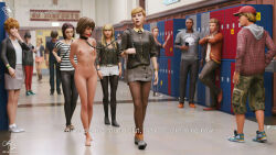 3d 4boys 6+girls absurdres ball_gag bdsm black_jacket black_pants black_pantyhose black_shirt black_shorts blender_(medium) blonde_hair bondage bound breasts brooke_scott brown_hair camouflage camouflage_shorts chain chain_leash clothed_female_nude_female clothed_male_nude_female collar courtney_wagner dana_ward embarrassed english_text exhibitionism femdom gag gagged grey_skirt hat highres humiliation indoors jacket juliet_watson kate_marsh leash life_is_strange_(series) life_is_strange_1 locker max_caulfield multiple_boys multiple_girls nathan_prescott navel nipples nude open_clothes open_jacket pants pantyhose public_indecency public_nudity pussy red_hat reynydays school shirt short_hair shorts skirt slave small_breasts striped_clothes striped_shirt taylor_christensen two-tone_shirt victoria_chase warren_graham white_shirt white_shorts