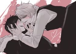 Rule 34 | 2boys, closed eyes, collared shirt, commentary request, durarara!!, fur-trimmed hood, fur trim, hand on another&#039;s chin, hand on another&#039;s face, hand on another&#039;s shoulder, heart, highres, hood, hood down, hooded jacket, jacket, laughing, long sleeves, male focus, mochichiwa, multiple boys, parted bangs, shirt, short hair, sleeve cuffs, sunglasses, teeth, vest, wing collar, yaoi