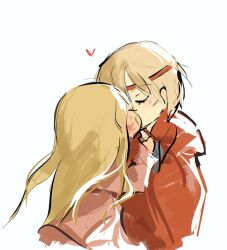 2boys blonde_hair canute canutie cape chibi closed_eyes eyelashes facial_scar headband heart height_difference king kiss long_hair male_focus multiple_boys red_cape scar scar_on_cheek scar_on_face short_hair simple_background thorfinn viking vinland_saga yaoi
