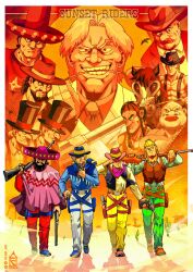 Rule 34 | belt, billy cool, blonde hair, bob (sunset riders), boots, brown hair, chief scalpem, cigar, copyright name, cormano wild, cowboy, cowboy boots, cowboy western, dark horse (sunset riders), el greco, gun, handgun, hat, hawkeye hank hatfield, highres, holding, holding gun, holding weapon, horse, long hair, looking at viewer, mexican standoff, multiple boys, muscular, muscular male, native american, paco loco, poncho, revolver, rifle, sawed-off shotgun, scarf, shotgun, simon greedwell, sir richard rose, smile, sombrero, steve (sunset riders), sunset riders, the smith bros (sunset riders), top hat, vest, weapon, western, zehb br