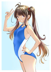 Rule 34 | 1girl, antenna hair, back cutout, blue background, blue one-piece swimsuit, breasts, clothing cutout, dutch angle, gradient background, hand on own hip, long hair, one-piece swimsuit, original, small breasts, smile, solo, standing, swimsuit, teeth, twintails, two-tone one-piece swimsuit, v, white one-piece swimsuit, yamanaka kouji (yanchiki2001)