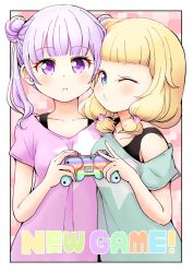Rule 34 | !, 2girls, blonde hair, blue eyes, blush, closed mouth, collarbone, controller, copyright name, dot nose, female focus, frown, game controller, highres, long hair, looking at viewer, multiple girls, new game!, one eye closed, purple eyes, purple hair, sakura nene, shirt, short hair, short sleeves, sisiti28, standing, star (symbol), suzukaze aoba