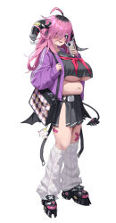 1girl ahoge airpods animal_ears bag bandaid bandaid_on_leg belly black_bag black_hair black_horns black_sailor_collar black_serafuku black_shoes black_skirt black_tail blush breasts cellphone commentary crossed_bandaids demon_tail demon_wings heart heart_in_eye highres holding holding_phone horn_ornament horns huge_breasts irorong jacket leg_warmers long_hair long_sleeves looking_at_viewer low_wings mole mole_on_breast mole_on_thigh multicolored_hair navel neckerchief open_mouth original phone piercing pink_bandaid pink_eyes pink_hair pink_jacket pink_neckerchief platform_shoes pleated_skirt sailor_collar school_uniform serafuku shoes shoulder_bag simple_background skirt smartphone solo spiked_shoes spikes stomach symbol_in_eye tail tail_ornament tail_piercing thighs two-tone_hair white_background white_leg_warmers wings wireless_earphones