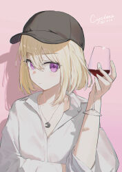 Rule 34 | 1girl, absurdres, bang dream!, bang dream! it&#039;s mygo!!!!!, baseball cap, black hat, blonde hair, commentary, cup, cyrilcyclone, dated, dress shirt, drinking glass, hair between eyes, hat, highres, holding, holding cup, long hair, medium hair, misumi uika, purple eyes, shadow, shirt, signature, solo, three-quarter sleeves, upper body, white shirt, wine glass