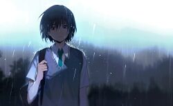 1boy aqua_necktie bag bare_arms black_bag black_hair blue_vest chinese_commentary closed_mouth cloud cloudy_sky collared_shirt commentary_request day expressionless forest hair_between_eyes highres holding holding_bag kitakawayui light_frown looking_at_viewer male_focus nature necktie oshii_yuu outdoors purple_eyes rain school_bag school_uniform shirt short_hair short_sleeves sky solo upper_body v-neck vest watashi_no_real_wa_juujitsu_shisugiteiru wet white_shirt