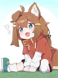 1girl :d absurdres ahoge animal_collar animal_ear_fluff animal_ears aqua_shoes brown_hair collar dog_ears dog_girl dog_tail fangs hair_ornament hairclip highres layered_sleeves long_sleeves low_twintails mamehinata no_nose open_mouth shoes short_over_long_sleeves short_sleeves single_floppy_ear sitting skin_fangs smile socks solo sousakuganba_ru tail tareme twintails vrchat white_socks