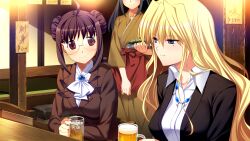 3girls ahoge alcohol apron apron_hold ascot beer beer_mug black_hair black_jacket blonde_hair blue_brooch blue_eyes breasts brown_hair brown_jacket brown_kimono closed_mouth collared_shirt cup double_bun elbow_rest food fumio_(ura_fmo) game_cg glasses grisaia_(series) grisaia_no_rakuen hair_between_eyes hair_bun harudera_yuria holding holding_cup holding_tray indoors jacket japanese_clothes jewelry kimono large_breasts large_variant_set long_hair long_sleeves looking_at_another mole mole_under_eye mug multiple_girls necklace non-web_source official_art on_chair red_apron red_eyes shirt short_hair_with_long_locks sidelocks sitting smile suit_jacket tachibana_chizuru_(grisaia) tray variant_set waist_apron wavy_hair white_ascot white_shirt wooden_chair zoey_graham