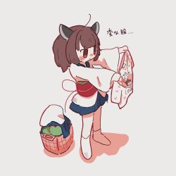 Rule 34 | 1girl, ahoge, blue eyes, blush, blush stickers, brown eyes, brown hair, chibi, closed mouth, full body, grey background, headgear, highres, holding, holding shirt, holding unworn clothes, japanese clothes, kimono, laundry, laundry basket, long sleeves, no shoes, nose blush, obi, open clothes, sash, shadow, shirt, short hair, simple background, socks, solo, standing, touhoku kiritan, translation request, unworn shirt, voiceroid, white kimono, yukata, zosan suru zosan