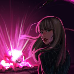 Rule 34 | 1girl, absurdres, black eyeliner, blackpink, blunt bangs, chalseu, commentary, english commentary, explosion, eyeliner, floating hair, highres, jacket, k-pop, lisa (blackpink), long hair, looking back, makeup, parted lips, real life, red lips, solo, striped clothes, striped jacket, upper body, vertical-striped clothes, vertical-striped jacket