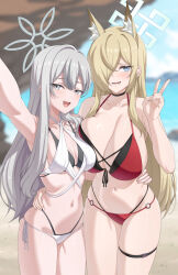 Rule 34 | 2girls, alternate costume, animal ears, bare arms, bare shoulders, bikini, blonde hair, blue archive, blue eyes, breasts, cleavage, dog ears, dog girl, grey eyes, grey hair, hair over one eye, hand on another&#039;s waist, highres, kanna (blue archive), konoka (blue archive), large breasts, long hair, looking at viewer, lower teeth only, multiple girls, mzrz, navel, ocean, open mouth, red bikini, sharp teeth, sidelocks, stomach, swimsuit, teeth, thigh strap, v, white bikini