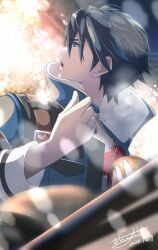 1boy black_hair blue_eyes bread coat dated dog_tags eiyuu_densetsu food hair_between_eyes hair_slicked_back high_collar highres holding holding_food kuro_no_kiseki_(series) male_focus mullet open_mouth signature solo tinybiard twitter_username van_arkride