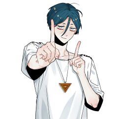 1boy blue_hair closed_mouth commentary_request hair_between_eyes hands_up highres index_fingers_raised korean_commentary looking_at_viewer maelo male_focus meguriya_ayumu shirt short_hair short_sleeves simple_background smile solo toshi_densetsu_kaitai_center triangle_necklace upper_body white_background white_eyes white_shirt