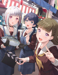3girls :d :o animal apron aqua_neckerchief black_choker black_gloves blue_apron blue_eyes blue_hair blue_ribbon blunt_bangs blurry blurry_background bob_cut braid braided_bangs brown_dress brown_hair center-flap_bangs choker clapperboard collarbone colored_inner_hair commentary_request dark_blue_hair diagonal_bangs dollchestra dress fish gloves grey_hair hair_ribbon half_gloves hasu_no_sora_school_uniform highres holding holding_animal holding_fish index_finger_raised inverted_bob kachimachi_kosuzu link!_like!_love_live! long_hair long_sleeves looking_at_viewer love_live! low_twintails mole mole_on_neck multicolored_hair multiple_girls murano_sayaka neckerchief o-ring o-ring_choker open_mouth pink_eyes red_hair red_neckerchief ribbon sailor_collar sailor_dress school_uniform shamakho short_hair side_braids smile straight_hair streaked_hair teeth twintails upper_teeth_only virtual_youtuber watermark white_sailor_collar winter_uniform yellow_neckerchief yugiri_tsuzuri