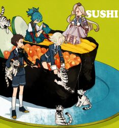 10s 4boys anklet armor atsushi_toushirou blonde_hair blue_hair brown_hair chin_strap fish_(food) food gokotai gokotai&#039;s_tigers gokotai_(touken_ranbu) green_background hair_over_one_eye hat ikura_(food) ima-no-tsurugi in_food japanese_armor japanese_clothes jewelry kneeling l_hakase long_hair male_focus military military_uniform mini_person miniboy multiple_boys necktie plate red_eyes roe sayo_samonji sheath sheathed shoes short_hair short_sword shorts shoulder_armor simple_background sitting socks sode standing stole sushi sword tantou tiger tiger_cub tokin_hat touken_ranbu weapon white_tiger yellow_eyes