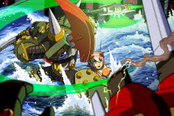 Rule 34 | android, armor, electricity, energy axe, fighting, green armor, green helmet, helmet, light trail, looking to the side, mega man (series), mega man x: command mission, mega man x (series), nana (mega man x: command mission), napo, pink hair, robot girl, slashing, spiked armor, steel massimo (mega man), swinging weapon, wading, water, wet