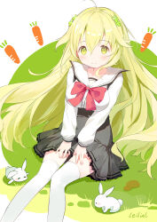1girl ahoge animal blush bow breasts carrot closed_mouth clover collarbone commentary_request feet_out_of_frame four-leaf_clover green_eyes green_hair grey_skirt hair_between_eyes high-waist_skirt highres large_breasts leilin long_hair long_sleeves looking_at_viewer original puffy_long_sleeves puffy_sleeves rabbit red_bow sailor_collar school_uniform serafuku shirt signature sitting skirt solo thighhighs very_long_hair white_sailor_collar white_shirt white_thighhighs