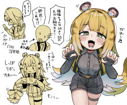1boy 2girls :&lt; animal_ears belt black_shorts blonde_hair bow breasts buttons claw_pose colored_inner_hair commentary_request cowboy_shot dovepopon fingerless_gloves gao gloves green_eyes grey_shirt highres holding holding_own_tail holding_phone ju_fufu long_hair looking_at_viewer multicolored_hair multiple_girls partially_colored phone shirt shorts simple_background tail tail_bow tail_ornament thigh_strap tiger_ears tiger_girl tiger_tail translation_request white_background yi_xuan_(zenless_zone_zero) zenless_zone_zero