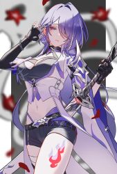 1girl acheron_(honkai:_star_rail) asymmetrical_gloves bandaged_leg bandages belt black_belt black_gloves black_shorts breasts chain closed_mouth cowboy_shot crop_top elbow_gloves fingerless_gloves flower gloves hair_intakes hair_over_one_eye hashtag-only_commentary highres holding holding_sword holding_weapon honkai:_star_rail honkai_(series) jacket large_breasts leg_tattoo long_hair looking_at_viewer mano_(mano_mano_5) midriff navel purple_hair red_flower sheath sheathed short_shorts shorts solo sword tattoo very_long_hair weapon white_jacket
