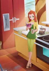 book coffee coffee_mug cup dress green_dress green_eyes green_skirt highres kitchen leggings leggings_under_skirt looking_at_viewer mug non-web_source reading red_hair sam_(totally_spies) skirt totally_spies