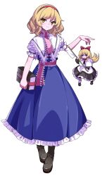 1girl absurdres alice_margatroid blonde_hair blue_dress book boots capelet closed_mouth commentary commentary_request doll dress english_commentary frilled_hairband frilled_sash frills full_body grimoire grimoire_of_alice hairband highres holding holding_book holding_weapon kinamielise lolita_hairband long_hair looking_at_viewer mixed-language_commentary pink_sash psd_available red_hairband sash shanghai_doll smile solo tachi-e touhou transparent_background waist_sash weapon white_capelet yellow_eyes