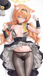 Rule 34 | 1girl, absurdres, animal ear fluff, animal ears, aqua eyes, bed sheet, black hairband, black hat, black overskirt, black panties, black pantyhose, black skirt, blue archive, blush, bow, bow choker, breasts, cat ears, cat girl, choker, closed mouth, dress, extra ears, flower, frilled choker, frills, grey dress, hairband, halo, hat, hat flower, highres, houkisei, long hair, looking at viewer, low twintails, lying, mari (blue archive), mari (idol) (blue archive), medium breasts, mini hat, mini top hat, naked sheet, navel, no bra, official alternate costume, official alternate hairstyle, on back, on bed, open clothes, open dress, orange hair, panties, panties under pantyhose, pantyhose, rose, see-through pantyhose, skindentation, skirt, smile, solo, top hat, twintails, underwear, unworn hat, unworn headwear, wrist wrap, yellow bow, yellow flower, yellow halo, yellow rose