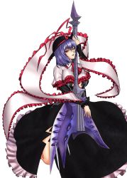 1girl blue_hair capcom capelet colored_eyelashes crossover devil_may_cry_(series) dress eyelashes female_focus frills guitar hat hat_ribbon highres instrument nagae_iku nelo nelo_anjuurou nevan_(weapon) red_eyes ribbon scarf short_hair side_slit solo touhou