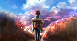 00 1boy backpack bag black_hair canteen cloud cloudy_sky colorful day field from_behind gloves grass highres hiking hill horizon male_focus original path road scenery short_hair sky solo sunlight twilight