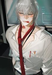 Rule 34 | 1boy, blue eyes, blush, closed mouth, collarbone, collared shirt, commentary, dante (devil may cry), devil may cry (series), english commentary, english text, food print, grey hair, grey pants, hair between eyes, heart, henoopd, highres, indoors, lanyard, lips, lipstick mark, lipstick mark on face, lipstick mark on neck, looking down, looking to the side, male focus, medium hair, monitor, necktie, object in pocket, pants, parted lips, partially unbuttoned, pectoral cleavage, pectorals, pen in pocket, pizza print, pocket, red necktie, shirt, solo, sticker, upper body, white shirt