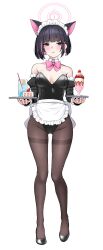 1girl alternate_costume animal_ears apron bare_shoulders black_leotard black_pantyhose black_sleeves blue_archive blunt_ends bow bowtie breasts cake cake_slice cat_ears cat_girl cleavage colored_inner_animal_ears colored_inner_hair cup detached_collar detached_sleeves drinking_glass drinking_straw food frilled_apron frills halo high_heels highleg highleg_leotard highres holding holding_tray juliet_sleeves kazusa_(blue_archive) leotard long_sleeves looking_at_viewer maid_apron maid_headdress medium_breasts multicolored_hair nichijou_(nichijoutouhou) pantyhose parfait pink_halo puffy_sleeves solo strapless strapless_leotard strawberry_parfait tray waist_apron white_apron white_headdress