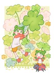 Rule 34 | 1girl, absurdres, bug, chibi, clover, four-leaf clover, green eyes, green hair, highres, insect, koiwai yotsuba, ladybug, mimpish, open mouth, orange shorts, pixel art, pointing, quad tails, shirt, shorts, smile, t-shirt, two-tone shirt, yotsubato!