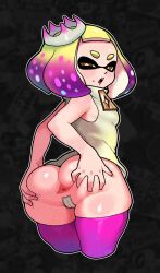 +_+ 1girl ass ass_focus blonde_hair blunt_bangs breasts champchidi crown dress from_behind grabbing_own_ass gradient_hair half-closed_eyes hands_on_own_ass highres inkling looking_at_viewer looking_back maebari microdress mole mole_on_ass mole_under_mouth multicolored_hair nintendo open_mouth outline pearl_(splatoon) pink_hair pink_thighhighs short_eyebrows sleeveless sleeveless_dress small_breasts solo splatoon_(series) splatoon_2 spread_ass symbol-shaped_pupils tape tape_maebari tentacle_hair thighhighs two-tone_hair white_dress white_outline zipper_pull_tab