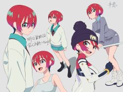 1girl amate_yuzuriha aqua_eyes bandaid bodysuit breasts closed_mouth gundam gundam_gquuuuuux hat highres jacket long_sleeves looking_at_viewer mecha_pilot_suit multicolored_bodysuit necktie normal_suit_(gundam) open_mouth red_hair school_uniform science_fiction shirt short_hair simple_background skirt smile solo sweater tank_top you-6-11