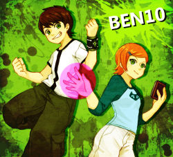 Rule 34 | 1boy, 1girl, bad id, bad pixiv id, ben 10, ben tennyson, book, brown hair, copyright name, cousins, green eyes, grimoire, grin, gwen tennyson, hair ornament, hairclip, look (yomiya1234), omnitrix, orange hair, pants, raglan sleeves, short hair, smile, swept bangs