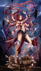 &gt;:( 1girl absurdres apt armlet armpits breasts brown_eyes closed_mouth covering_breasts covering_privates crown extra_arms female_focus floating_hair forehead_jewel frown full_body highres holding holding_weapon huge_filesize jewelry leg_up lightning lily_pad long_hair looking_at_viewer medium_breasts monster_girl mythology nail_polish navel original pelvic_curtain polearm red_hair revealing_clothes snake solo standing stomach trident v-shaped_eyebrows very_long_hair weapon