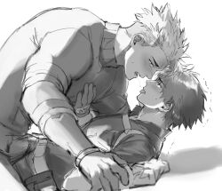 2boys achilles_(fate) blush boy_on_top fate/grand_order fate_(series) fujimaru_ritsuka_(male) fujimaru_ritsuka_(male)_(polar_chaldea_uniform) hand_tattoo highres holding_hands l_m00g looking_at_another male_focus monochrome multiple_boys muscular muscular_male pushing_down saliva saliva_trail sitting sitting_on_lap sitting_on_person tattoo tongue tongue_out trembling yaoi