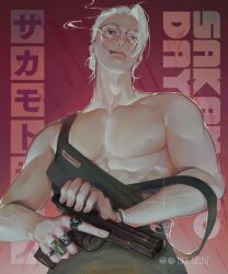 Rule 34 | 1boy, apron, artistdkt, bare pectorals, black apron, bracelet, earrings, glasses, gun, hair between eyes, highres, holding, holding gun, holding weapon, jewelry, male focus, mature male, multiple rings, muscular, muscular male, name tag, neck, nipples, pectorals, ring, round eyewear, sakamoto days, sakamoto taro, smoke, smoking, solo, veins, veiny arms, weapon, white hair