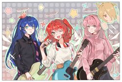 1boy 3girls :p ;d absurdres aqua_eyes arknights bass_guitar black_shirt blonde_hair blue_hair bocchi_the_rock! chinese_commentary closed_mouth collared_shirt commentary_request detached_wings drumsticks electric_guitar exusiai_(arknights) exusiai_the_new_covenant_(arknights) gotoh_hitori green_outline grey_background grey_eyes guitar hair_over_one_eye halo highres holding holding_drumsticks holding_instrument holding_microphone ijichi_nijika instrument jacket kita_ikuyo lemuen_(arknights) long_hair looking_at_viewer medium_hair microphone mlynar_(arknights) mostima_(arknights) multiple_girls one_eye_closed one_eye_covered open_mouth outline parody pink_eyes pink_hair pink_jacket red_hair shenbeining79537 shirt smile sparkle star_(symbol) sweatdrop tongue tongue_out traditional_halo v white_halo white_shirt wings yamada_ryo yellow_eyes