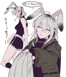 0820_lakia 1girl absurdres animal_ears black_sclera black_shirt black_shorts colored_sclera commentary_request dolphin_shorts green_jacket grey_hair highres jacket korean_commentary korean_text looking_at_viewer medium_hair multicolored_hair multiple_views original rabbit_ears rabbit_girl rabbit_tail shirt shorts simple_background streaked_hair tail translation_request turtleneck white_background white_eyes