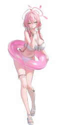 1girl absurdres ahoge alternate_costume alternate_hairstyle bikini blue_archive blush bow braid breasts cleavage closed_mouth commentary crossed_bangs english_commentary full_body green_eyes hair_between_eyes hair_bow hair_intakes halo hanako_(blue_archive) highres large_breasts long_hair looking_at_viewer low_twin_braids navel pink_hair pink_halo pink_innertube simple_background smile solo standing swim_ring swimsuit thigh_strap thighs toenails toes transparent_innertube twin_braids underboob white_bikini white_bow yamu_(yamu_030)