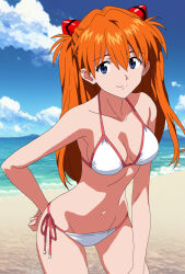 1girl bare_shoulders beach bikini blue_eyes blue_sky breasts brown_hair day hand_on_leg hand_on_own_hip hand_on_own_leg hand_on_own_thigh jaaaan large_breasts leaning_forward long_hair navel neon_genesis_evangelion outdoors shiny_skin side-tie_bikini_bottom simple_background sky small_breasts smile solo souryuu_asuka_langley standing stomach swimsuit thighs thong thong_bikini two_side_up white_bikini