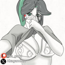 bra breasts clothes_grab cloud_retainer_(genshin_impact) genshin_impact glasses highres large_breasts mature_female shirt_grab underwear upshirt xianyun_(genshin_impact)