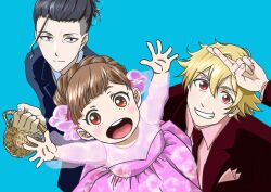 1girl 2boys arms_up basket black_hair black_suit blonde_hair blue_background blue_eyes braid brown_hair brown_necktie brown_suit buddy_daddies child crossed_fingers dress family formal_clothes hair_between_eyes hair_slicked_back kurusu_kazuki looking_at_viewer multiple_boys necktie nyappi pink_dress pocket_square red_eyes smile suit suwa_rei unasaka_miri
