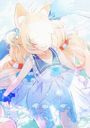 1girl absurdres ahoge animal_ears blonde_hair blue_hair blue_sailor_collar cat_ears closed_mouth dress faceless faceless_female fins fish_girl fish_tail highres indie_virtual_youtuber long_hair looking_at_viewer multicolored_hair noxxia39 sailor_collar sameko_saba smile solo streaked_hair tail very_long_hair white_dress