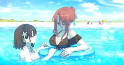Rule 34 | 6+girls, anisphia wynn palettia, bikini, black bikini, black hair, blue eyes, blue sky, braid, breasts, character request, chinese commentary, cleavage, closed eyes, closed mouth, cloud, commentary request, commission, crown braid, day, euphyllia magenta, flower, hair bun, hair flower, hair ornament, highres, holding hands, ilia coral, innertube, lainie cyan, large breasts, long hair, medium hair, multiple girls, one eye closed, open mouth, outdoors, partially submerged, red hair, second-party source, sky, smile, swim ring, swimsuit, tensei oujo to tensai reijou no mahou kakumei, tilty claret, wet, white bikini, white flower, ydpfa, yuri