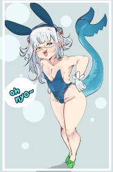 1girl alternate_costume animal_ears bespectacled blue_eyes blue_hair breasts commentary crocs english_commentary fake_animal_ears fins fish_tail full_body gawr_gura glasses gloves green_nails grey_background grey_hair highleg highleg_leotard highres hololive hololive_english leotard long_hair looking_at_viewer multicolored_hair open_mouth playboy_bunny rabbit_ears red-framed_eyewear shark_girl shark_tail sharp_teeth small_breasts smile smug solo strapless strapless_leotard streaked_hair tail teeth virtual_youtuber weeze white_gloves