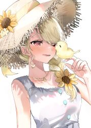 1girl absurdres bare_shoulders bird bird_on_hand blonde_hair blush dow_suitable dress flower hat highres jewelry kogara_toto lupinus_virtual_games necklace one_eye_closed open_mouth red_eyes simple_background sleeveless sleeveless_dress solo straw_hat sunflower sunflower_hat_ornament sweatdrop upper_body virtual_youtuber vspo! white_background white_dress yellow_bird