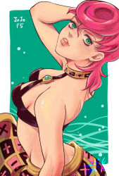 1girl border breasts commentary_request eyelashes green_background green_eyes highres jojo_no_kimyou_na_bouken long_hair naririn79153615 outside_border pink_hair pink_lips small_breasts smile solo trish_una vento_aureo white_border