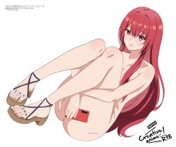 1girl absurdres anus bare_shoulders blush breasts censored commentary convenient_censoring danjo_no_yuujou_wa_seiritsu_suru? english_commentary enomoto_kureha highres holding holding_phone kevcrexx long_hair looking_at_viewer mosaic_censoring nude phone pussy pussy_peek red_eyes red_hair sandals simple_background smile solo white_background