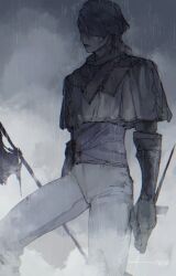 1boy battlefield blood blood_on_clothes cowboy_shot dadadadadaist final_fantasy final_fantasy_xvi flag gloves grey_hair hair_over_one_eye half-closed_eyes highres holding holding_weapon male_focus outdoors panties puffy_sleeves rain signature sleipnir_harbard underwear wavy_hair weapon white_panties